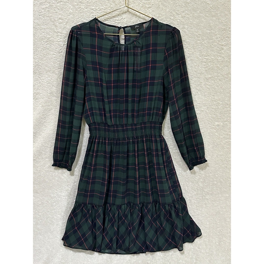 NWT J. Crew Green Navy Plaid Medium Dress Cinched Waist‎ Ruffled Academia Lined